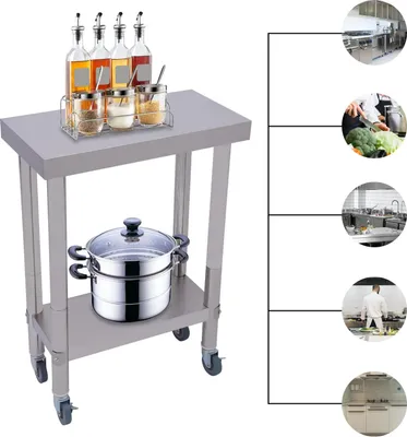 Immagine prodotto di Tavolo da lavoro per cucina - Tavolo da lavoro con rotelle - Acciaio inox 201 - 2 livelli - 60×45×85 cm - Con ripiano - Argento