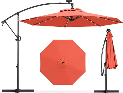 A coral-colored cantilever umbrella with solar LED lights is shown from multiple angles against a white background.