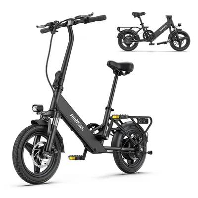 A black folding electric bicycle is shown against a white background, with a smaller, similar bicycle in the upper right corner.