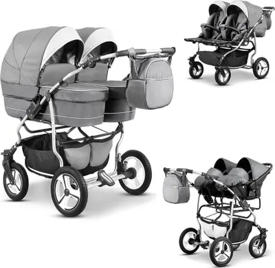 Produktbild von Zwillingskinderwagen Twin Star 4 in 1 Set in Hellgrau-Weiß - 13 Teile - in 16 Farben erhältlich