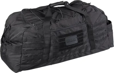 A black duffel bag with MOLLE webbing and a patch.