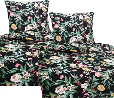 Produktbild von Bettwäsche Seersucker Mikrofaser Blumen 135x200 80x80 Schwarz: 4 tlg.