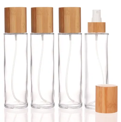 4 Glas-Sprühflaschen 150 ml mit Bambusdeckel, Feinsprühkopf