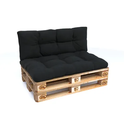 A black pallet cushion set on a wooden pallet base, shown against a white background.