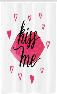 Immagine prodotto di ABAKUHAUS Küss mich Tenda da doccia stretta, cuore sporco di rossetto, set decorativo per bagno in tessuto con ganci, 120 x 180 cm, nero bianco rosa