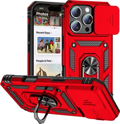 Image de Étui pour iPhone 16 Pro étui double couche avec couvercle coulissant pour appareil photo et anneau de support rouge