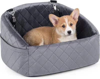 Produktbild von Hundeautositz für kleine bis mittelgroße Hunde mit Sicherheitsleinen, Seitentaschen und rutschfester Unterseite, abnehmbares und waschbares Hundebett (Grau)
