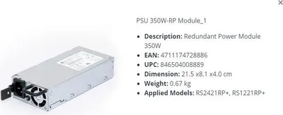 Produktbild von Synology Netzteil 350W PSU 350W-RP Module_1