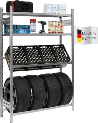 Immagine prodotto di PROREGAL Scaffale per casse di bevande e pneumatici CHIEMSEE TIRE  Germany | A x L x P 200 x 136 x 43,5 cm | 3 casse su 1 ripiano + 4 pneumatici e 2 pannelli | Zincato