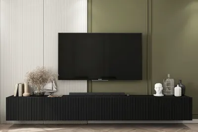 Obrázok produktu pre Závesná TV skrinka Glamour Elpis Komoda moderná Nábytok Lindner TV skrinka 300cm x 37,5cm x 36,5cm Farba: čierna matná - talianska hlboká matná fólia