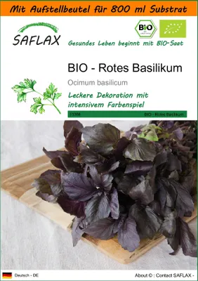 Produktbild von SAFLAX - Garden in the Bag - BIO - Rotes Basilikum - 400 Samen - Mit Anzuchtsubstrat im praktischen, selbst aufstellenden Beutel - Ocimum basilicum