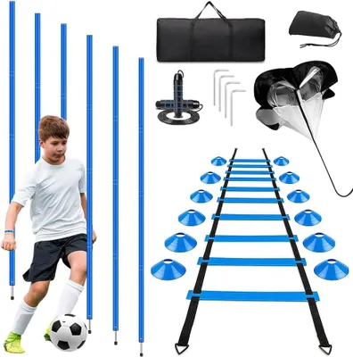 Produktbild von Fußballtrainingsset mit 6 Slalomstangen, 6 m Koordinationsleiter, 12 Hütchen, Springseil, Fallschirm