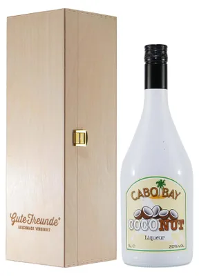 Produktbild von Cabo Bay Coconut Liqueur mit Geschenk-Holzkiste