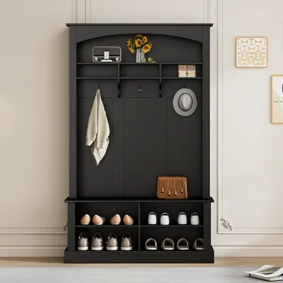 Immagine prodotto di okwish Armadio portaoggetti 3 in 1, Set armadio con scarpiera, 3 ganci e portaoggetti aperto, nero