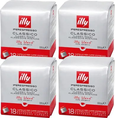 Four packages of Illy iperespresso Classico coffee capsules are arranged in a 2x2 grid.