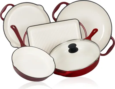Produktbild von Mahlzeit 5-teiliges Pfannenset, Dark Cherry, mit Grillpfannen, Grillplatte und Paella Pfanne