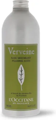 A silver bottle of L'Occitane Verbena Foaming Bath with a green label.