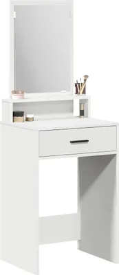 A white vanity table with a mirror and a drawer.