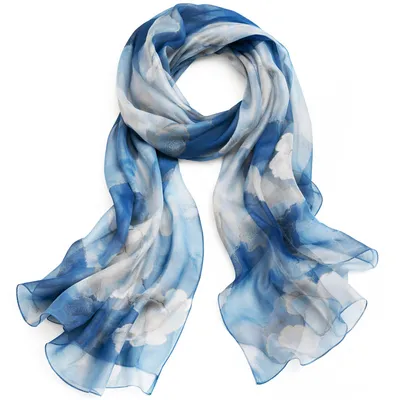 Produktbild von Seidenschal Damen Blau Blumen Muster XL Leicht & Elegant, SS001-Blau-Blumen