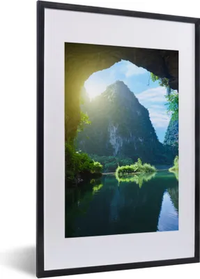 Produktbild von MuchoWow® Gerahmtes Poster Wasser - Höhle - Sonne - Natur - Pflanzen 40x60 cm - Poster mit Schwarzem Bilderrahmen Wandposter Rahmen Foto Bilder - Poster in Rahmen