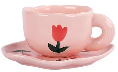 Obrázek produktu pro Sada hrnků s podšálky, objem 250 ml, keramika, růžová, s motivem tulipánů, dárek pro ženy