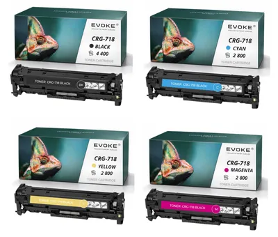 Image de Cartouches de toner compatibles Evoke pour Canon CRG-718 CRG718, 4 couleurs (CMJN) : Noir, Cyan, Magenta, Jaune, rendement de 12800 pages, compatibles avec les modèles i-SENSYS LBP7200, LBP7200Cdn, LBP7210Cdn, LBP7660Cdn, LBP7680Cx ; MF724Cdw, 728Cdw, 729Cx, 8330Cdn, 8350Cdn, 8540Cdn, 8550Cdn, 8580Cdw