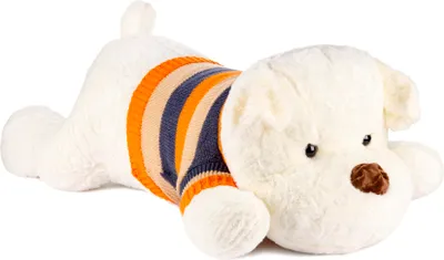 A white plush dog wearing a striped sweater.
