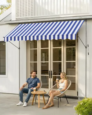 Obrázek produktu pro SONGMICS Výškově nastavitelná markýza s upínáním, balkonová markýza s ruční klikou, pro terasu, zahradu, 300 x 120 cm, modro-bílá