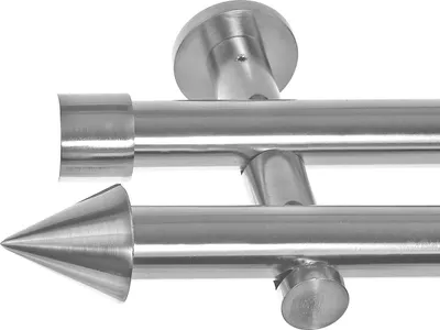 Close-up of a double curtain rod system made of metal with a brushed stainless steel finish.