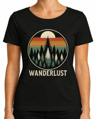 Zdjęcie produktu dla Wanderlust Retro Sunset Forest Firs Camping Hiking Ladies T-Shirt, Czarny, L
