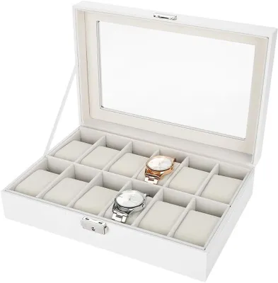 Produktbild von Uhrenbox, 12 Fächer, Glasdeckel, Metallverschluss, für Uhrenaufbewahrung