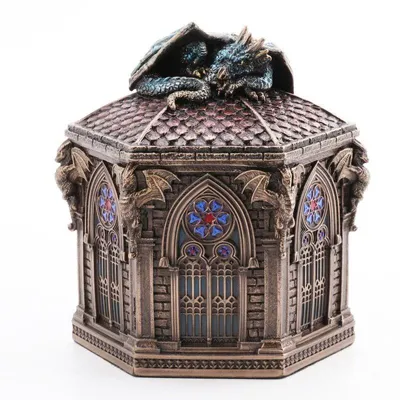 Produktbild von Drachen-Schatulle auf einer Kathedrale – Schatulle in Bronzeoptik, handbemalt, 11.5 cm × 11.5 cm × 12.5 cm, Modell WU78006A4