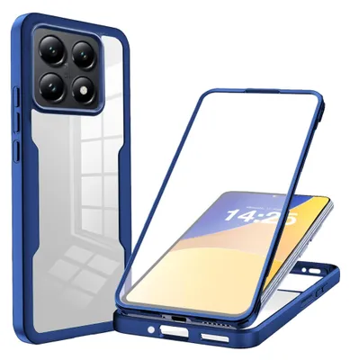 A blue and transparent phone case is shown, with a phone inside the case displaying a clock.