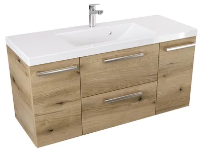 Produktbild von ATHD Wandhängender Waschtischunterschrank mit Waschbecken 100 cm D - Evoke  Matt Eiche - Griffe aus gebürstetem Edelstahl