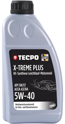 Produktbild von TECPO Motoröl 5W40 Öl X-TREME Plus Öl, 1 Liter 5W-40 Gebinde HC-Synthese für Diesel-und Benzinmotoren entspricht API SN/CF / ACEA A3/B4 / 502/505 / 226.3/226.5 / Longlife 01/98