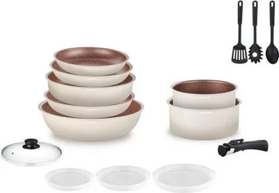 Immagine prodotto di Set di pentole Arthur Martin 18 pezzi, color crema, rivestimento antiaderente, per tutti i tipi di fornelli, compresa l'induzione, impilabile