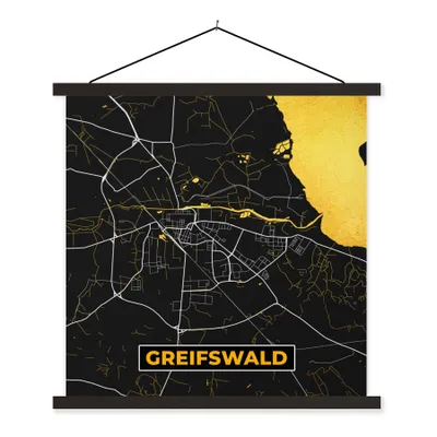 Produktbild von MuchoWow® Textilposter Deutschland - Schwarz und Gold - Greifswald - Stadtplan - Karte 90x90 cm mit schwarzem Rahmen - Magnetisches