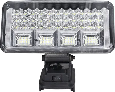 A close-up studio shot of a portable LED work light.
