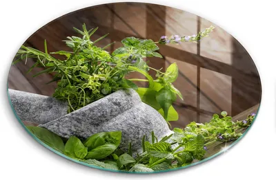 Produktbild von Glasschneideplatte - Herdabdeckplatte - fi30 cm -Schneidebrett - Spritzschutz - Kräuter und Holzpflanzen