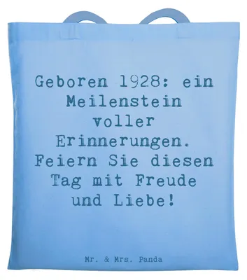 Produktbild von Mr. & Mrs. Panda Tote Bag Spruch 1928 Geburtstag - Sky Blue - Geschenk, Freude, Alter, Erinnerungen, feiern, Tasche, Schultasche, Laptoptasche, Liebe, Geburtstagsgeschenk