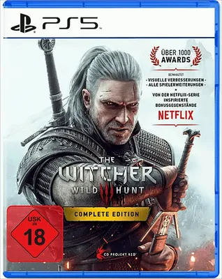 The image shows the front cover of a PlayStation 5 game case for 'The Witcher 3: Wild Hunt - Complete Edition'.