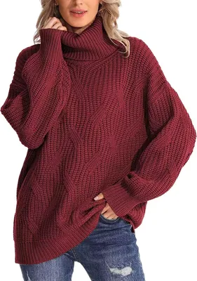 Produktbild von ASKSA Damen Rollkragen Pullover Elegant Rollkragenpullover Casual Langarm Stricken Pulli, Rotwein, M