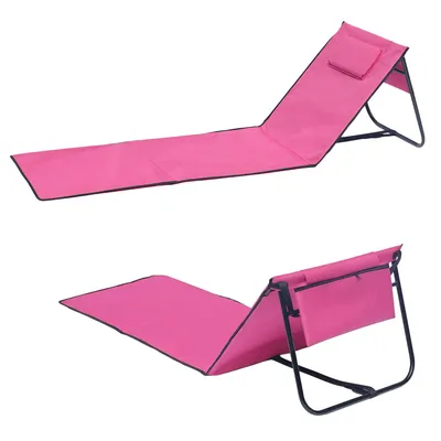 Two views of a pink foldable beach mat with a black frame, shown against a white background.