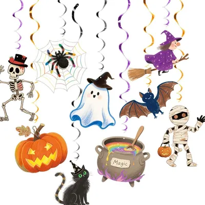 Productafbeelding van 48 Halloween-slingers, decoratie met spookjes, pompoenen, heksen, in de kleuren zwart, paars, oranje en groen