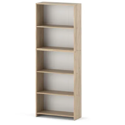 A tall, narrow, five-shelf bookcase with a light wood grain finish and a white back panel, presented against a plain white background.