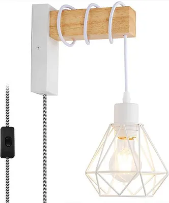 Produktbild von Vintage-Wandleuchte aus Naturholz mit weißem Käfigschirm und geflochtenem Kabel und Stecker, E27-Lampenfassung, höhenverstellbar
