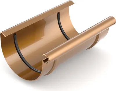 A 3D rendering of a copper-colored gutter coupling on a white background.