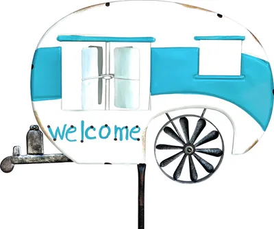 Produktbild von DanDiBo Gartenstecker Metall Wohnwagen XL 160 cm Blau Weiß Caravan 96103 Windspiel Willkommen Windrad Wetterfest Gartendeko Gartenstab Bodenstecker Camper