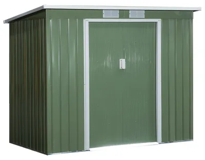 Image de Abri de jardin de 2,42 m², équipé de fenêtres de ventilation, d'une porte coulissante et d'une fondation. Dimensions : 213 x 130 x 159/172 cm. Abri de jardin en acier galvanisé, résistant aux intempéries