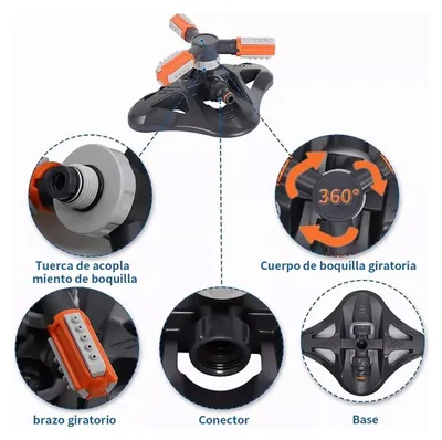 Imagen del producto de Riego por aspersión de 360 grados, con boquillas ajustables, alcance de 8-10 metros, ideal para el riego de jardines
